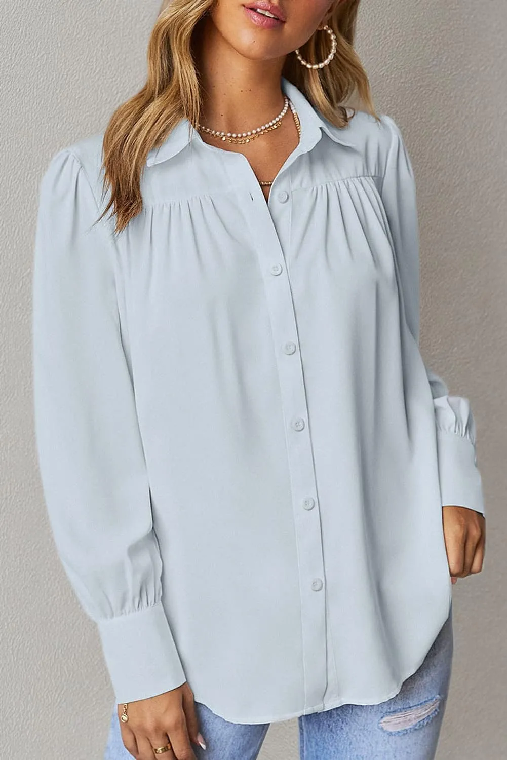 roswear Womens Long Sleeve Chiffon Balloon Sleeve Work Blouses V Neck Business Casual Puff Sleeve Tops Button Down Shirts