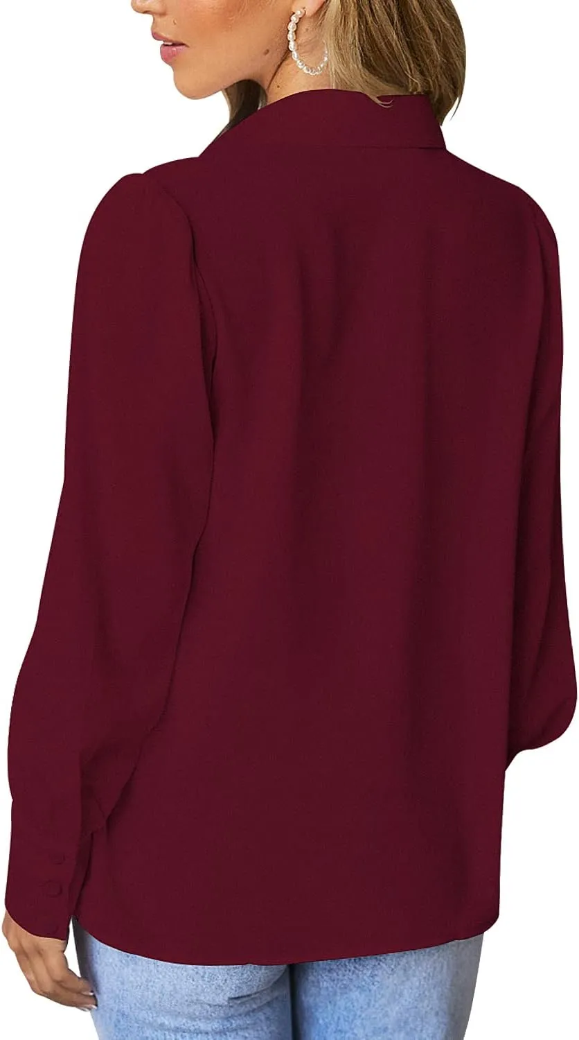roswear Womens Long Sleeve Chiffon Balloon Sleeve Work Blouses V Neck Business Casual Puff Sleeve Tops Button Down Shirts