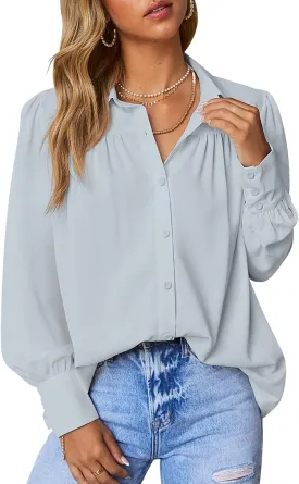 roswear Womens Long Sleeve Chiffon Balloon Sleeve Work Blouses V Neck Business Casual Puff Sleeve Tops Button Down Shirts