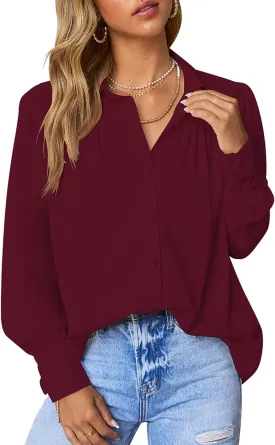 roswear Womens Long Sleeve Chiffon Balloon Sleeve Work Blouses V Neck Business Casual Puff Sleeve Tops Button Down Shirts