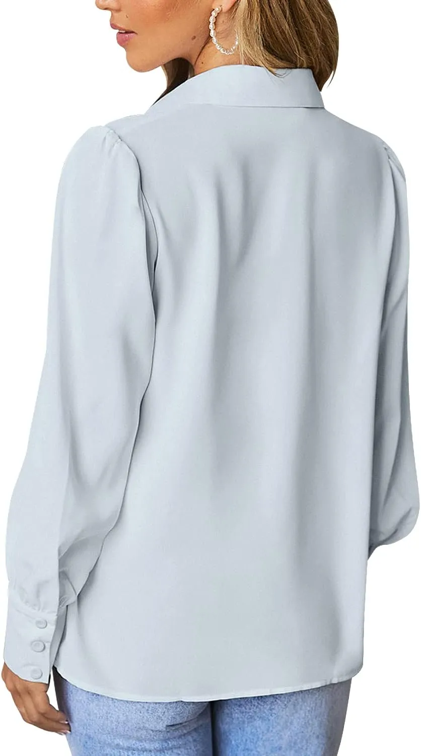 roswear Womens Long Sleeve Chiffon Balloon Sleeve Work Blouses V Neck Business Casual Puff Sleeve Tops Button Down Shirts