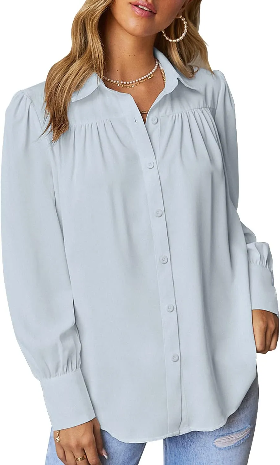 roswear Womens Long Sleeve Chiffon Balloon Sleeve Work Blouses V Neck Business Casual Puff Sleeve Tops Button Down Shirts