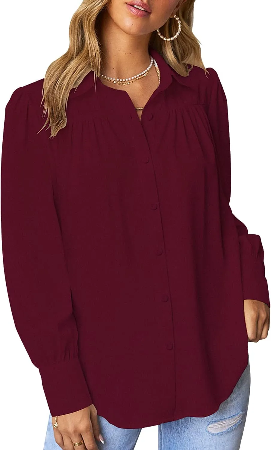 roswear Womens Long Sleeve Chiffon Balloon Sleeve Work Blouses V Neck Business Casual Puff Sleeve Tops Button Down Shirts