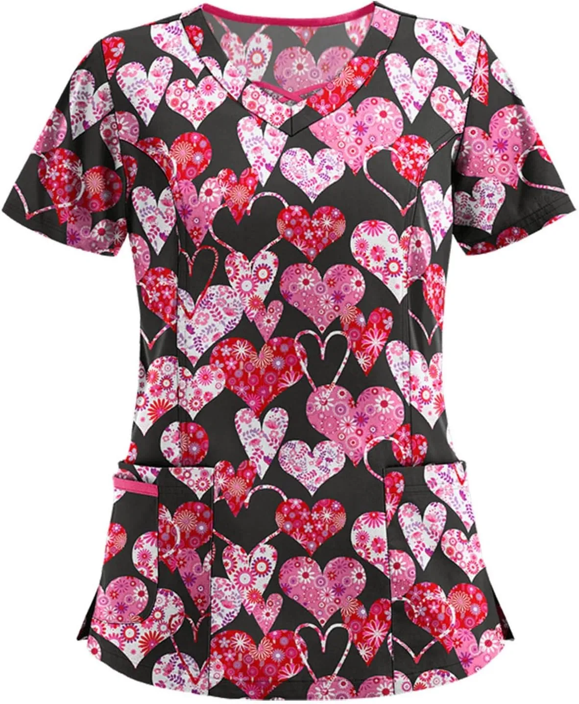 SGASY Print Scrubs for Women V Neck Short Sleeve Veterinary Scrubs Anti-Wrinkle Nursing Working Uniforms with Pocket