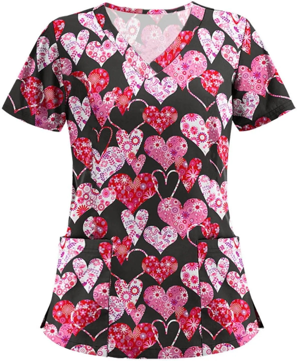 SGASY Print Scrubs for Women V Neck Short Sleeve Veterinary Scrubs Anti-Wrinkle Nursing Working Uniforms with Pocket