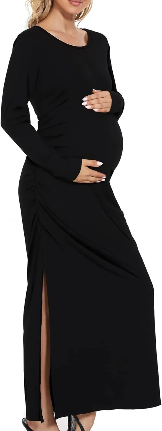 Smallshow Women's Split Maternity Dress Long Sleeve Ruched Pregnancy Clothes
