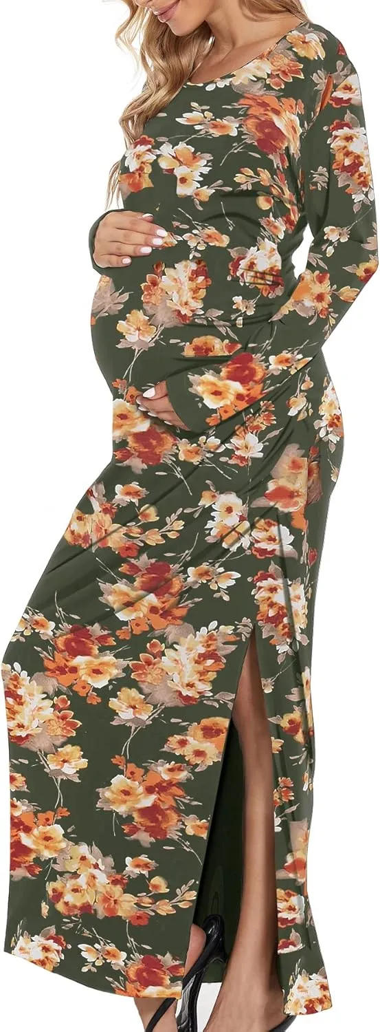 Smallshow Women's Split Maternity Dress Long Sleeve Ruched Pregnancy Clothes