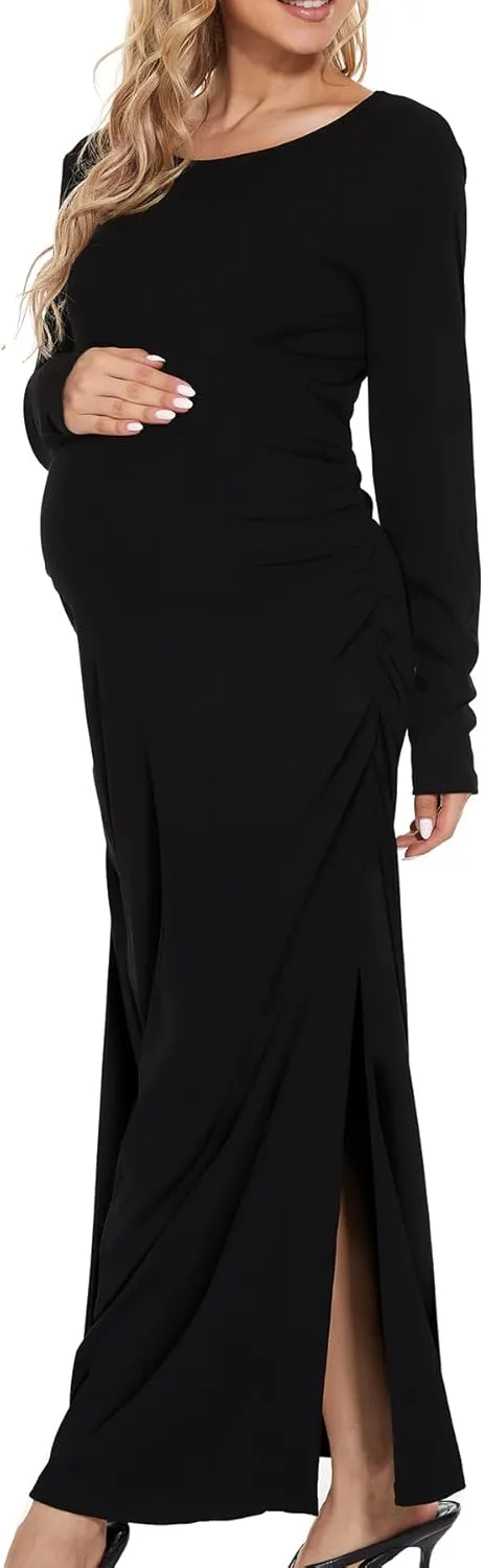 Smallshow Women's Split Maternity Dress Long Sleeve Ruched Pregnancy Clothes