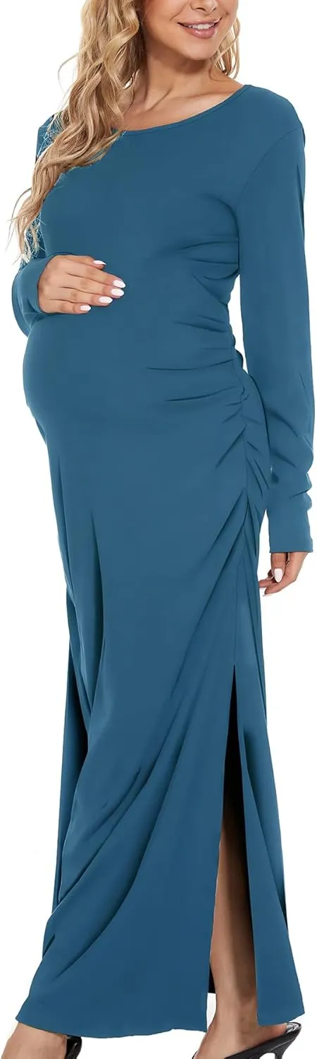 Smallshow Women's Split Maternity Dress Long Sleeve Ruched Pregnancy Clothes