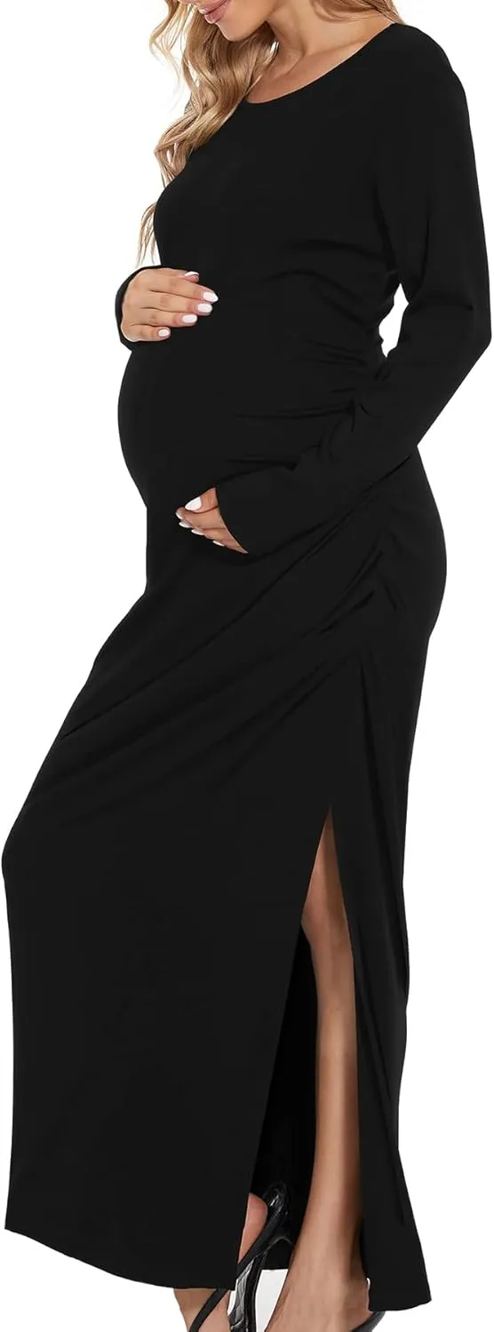 Smallshow Women's Split Maternity Dress Long Sleeve Ruched Pregnancy Clothes