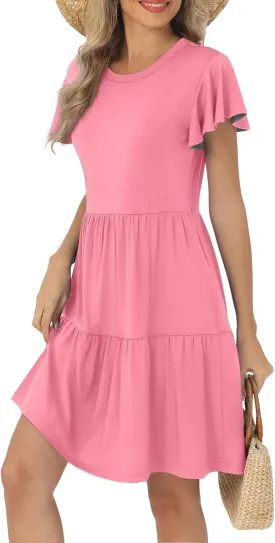 Summer Dresses for Women Cruise Hawaiian Ruffle Sleeve Round Neck Floral Flowy A-Line Beach Vacation Boho Sundresses