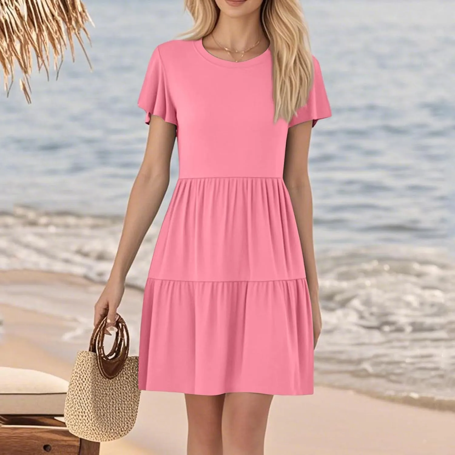 Summer Dresses for Women Cruise Hawaiian Ruffle Sleeve Round Neck Floral Flowy A-Line Beach Vacation Boho Sundresses