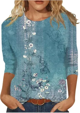 Summer Shirts for Women 3/4 Length Sleeve Crewneck Tops Trendy Loose Casual Printed Three Quarter Cute Blouse