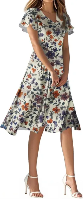 Summer Wedding Dresses for Women 2025 Casual Flowy Elegant Dress Ruffle Short Sleeve Floral Dresses Midi Chiffon Dress