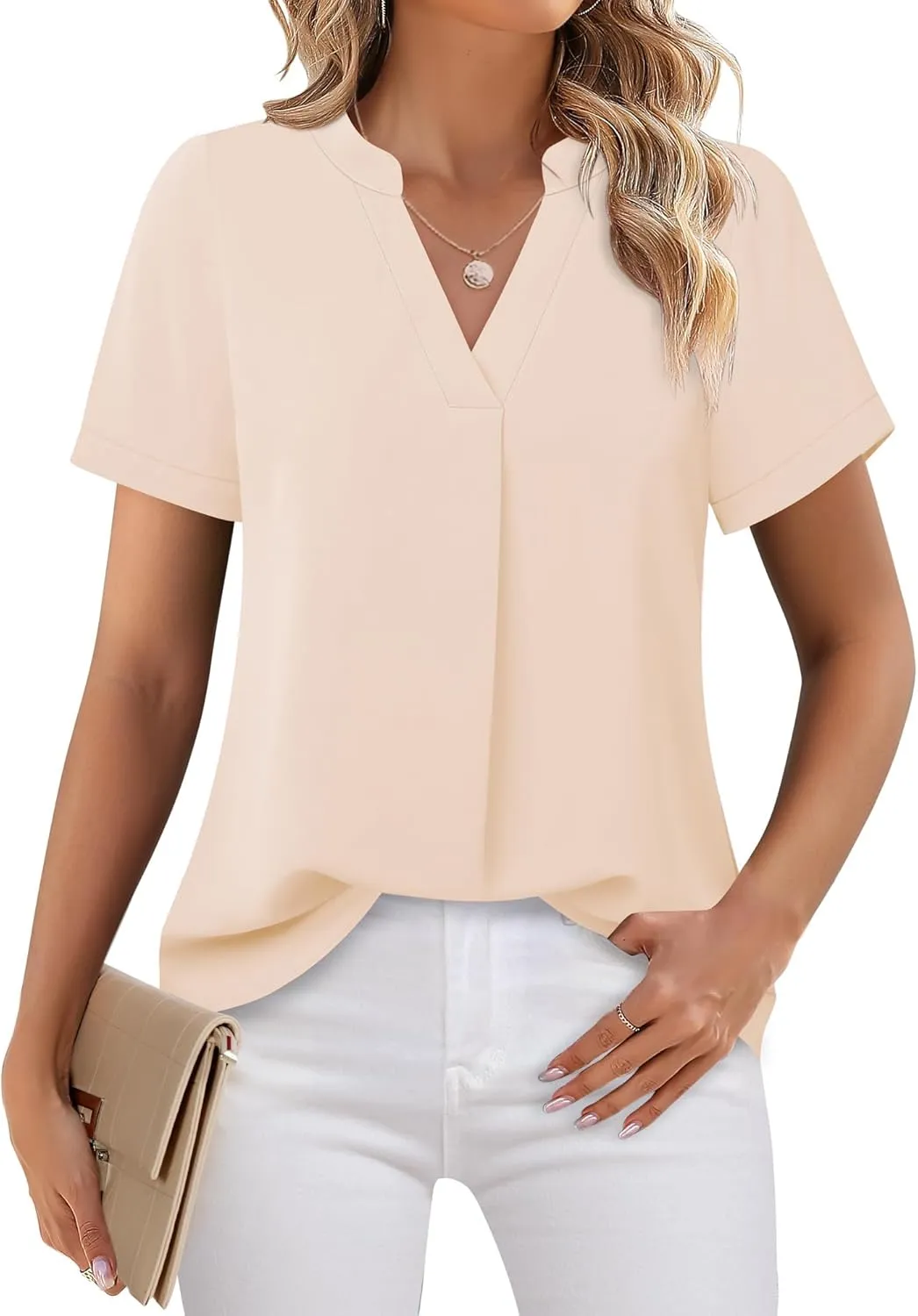 Timeson Women's V Neck Short Sleeve Curved Hem Sheer Chiffon Blouse Shirts Tops