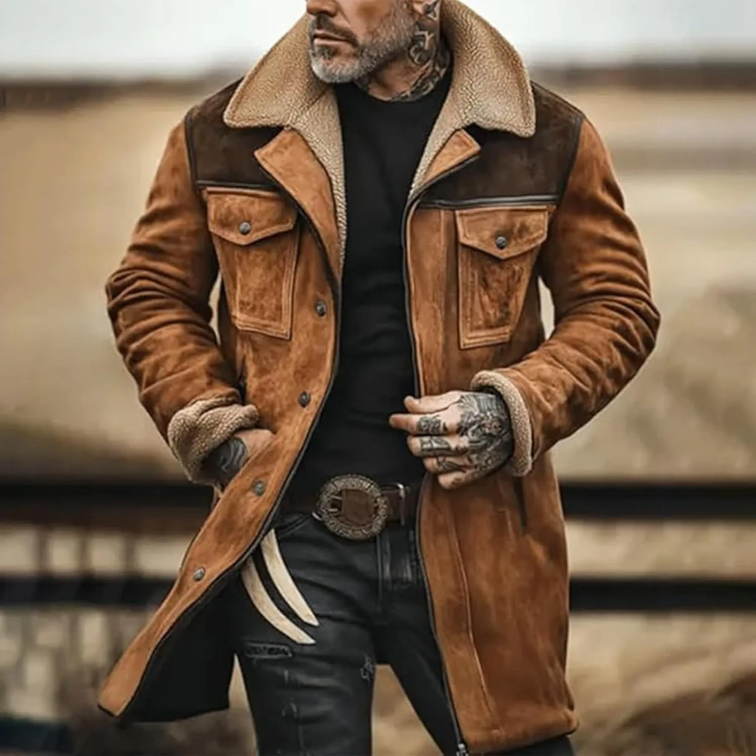 Vintage Suede Pocket Plush Reversed Collar Mens Winter Warm Outdoor Jacket Western Jackets For Men Suede Jacket