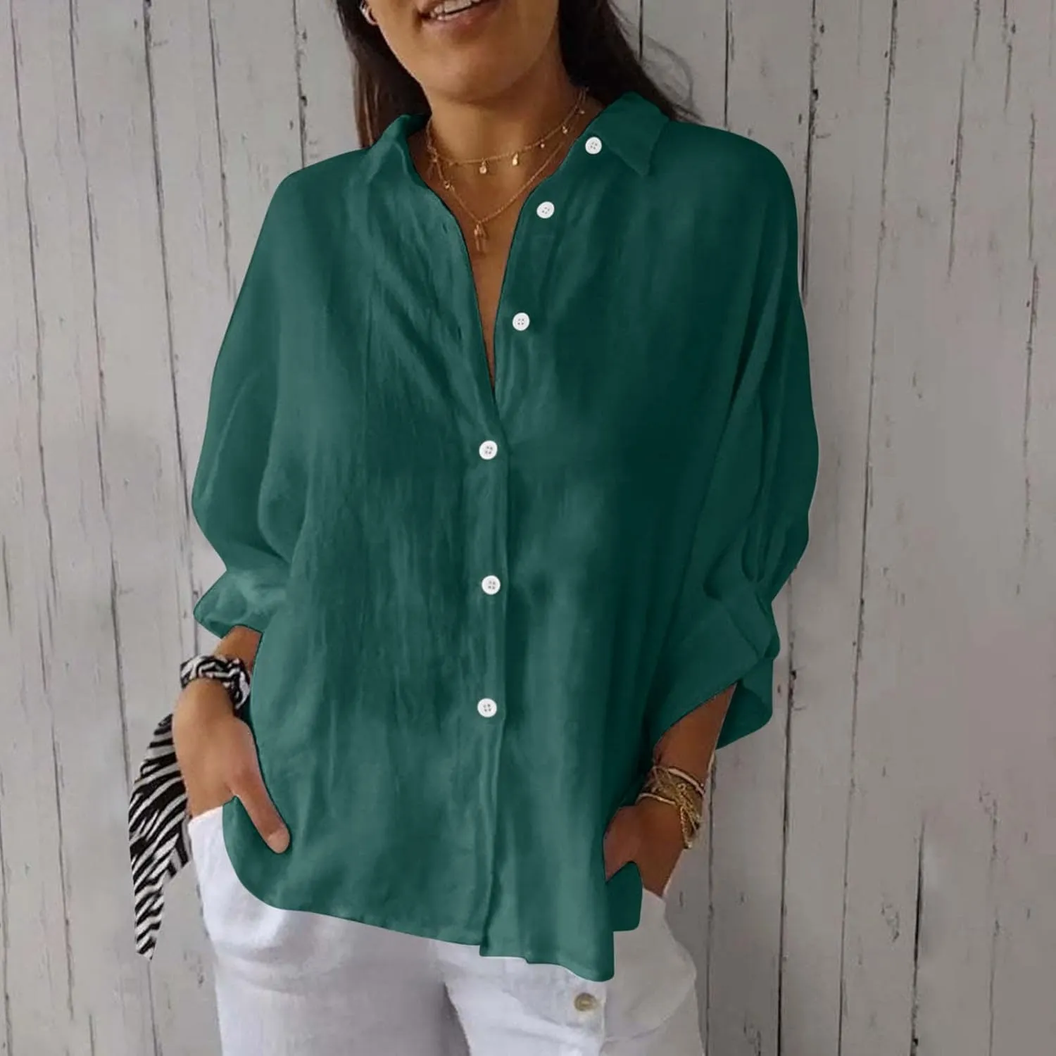 Women Button Down Shirts Cotton Linen Blouse Tops 3/4 Sleeve Gauze Collar Shirt Tunic Loose Fit Fashion Trendy Clothes