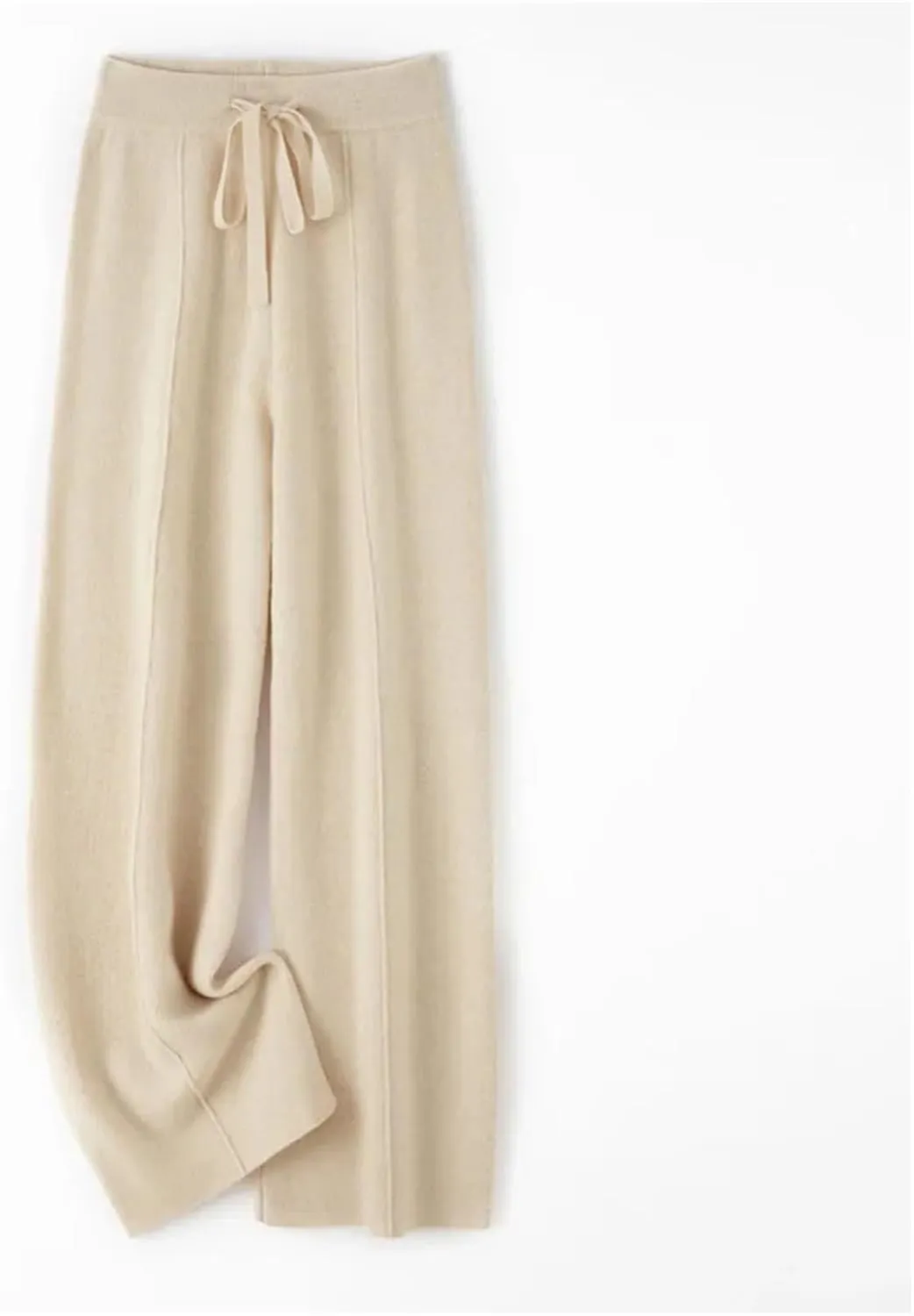 Women Pants Color Wide Leg Pants Merino Wool Knitted Trousers High Waist Lace-up Pants