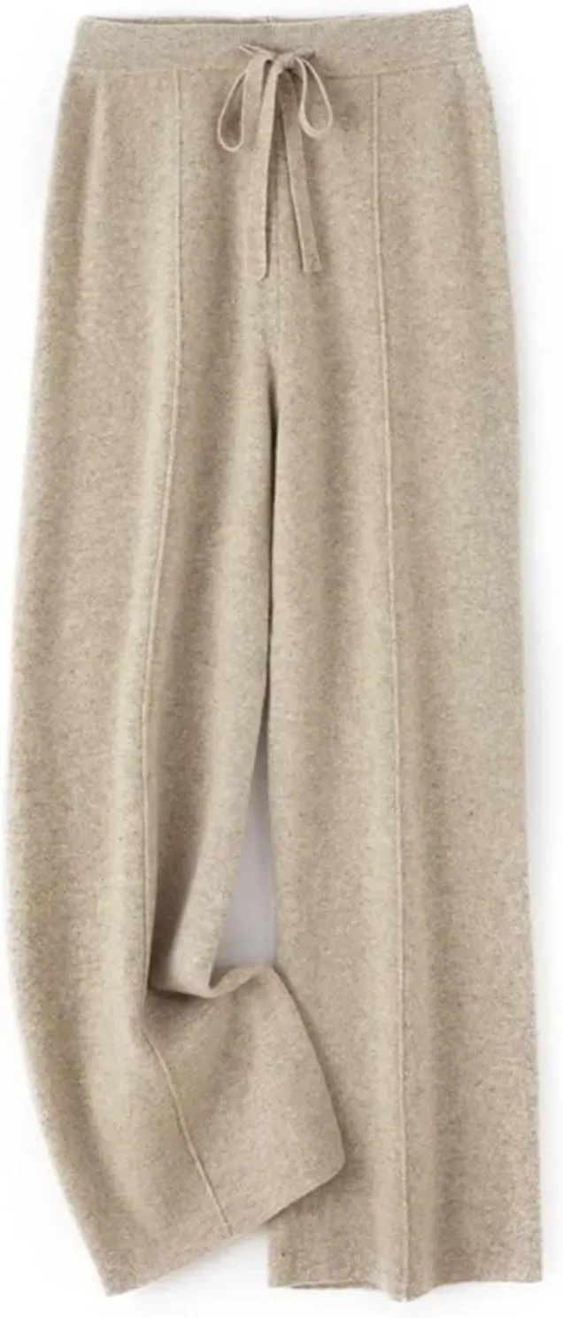Women Pants Color Wide Leg Pants Merino Wool Knitted Trousers High Waist Lace-up Pants