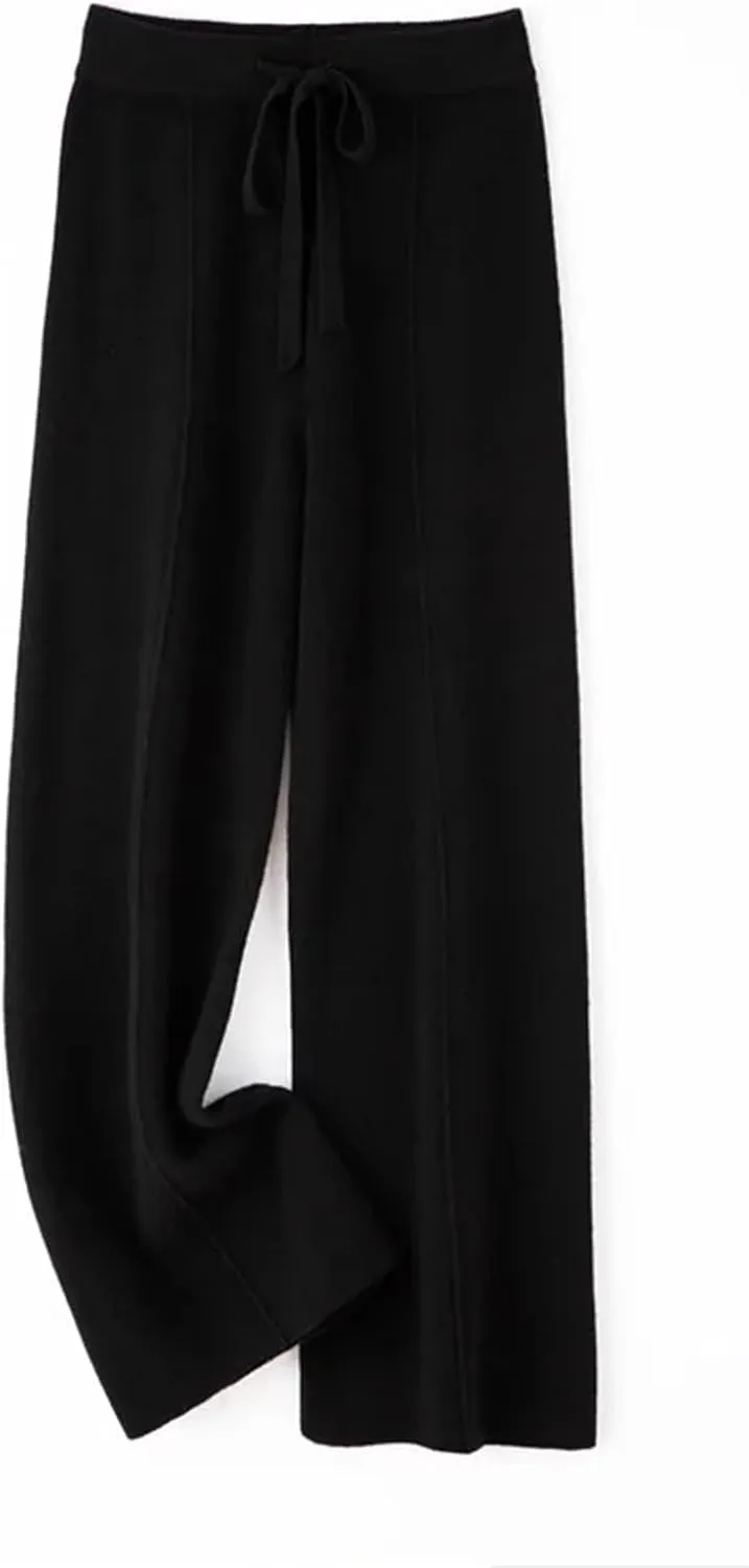 Women Pants Color Wide Leg Pants Merino Wool Knitted Trousers High Waist Lace-up Pants