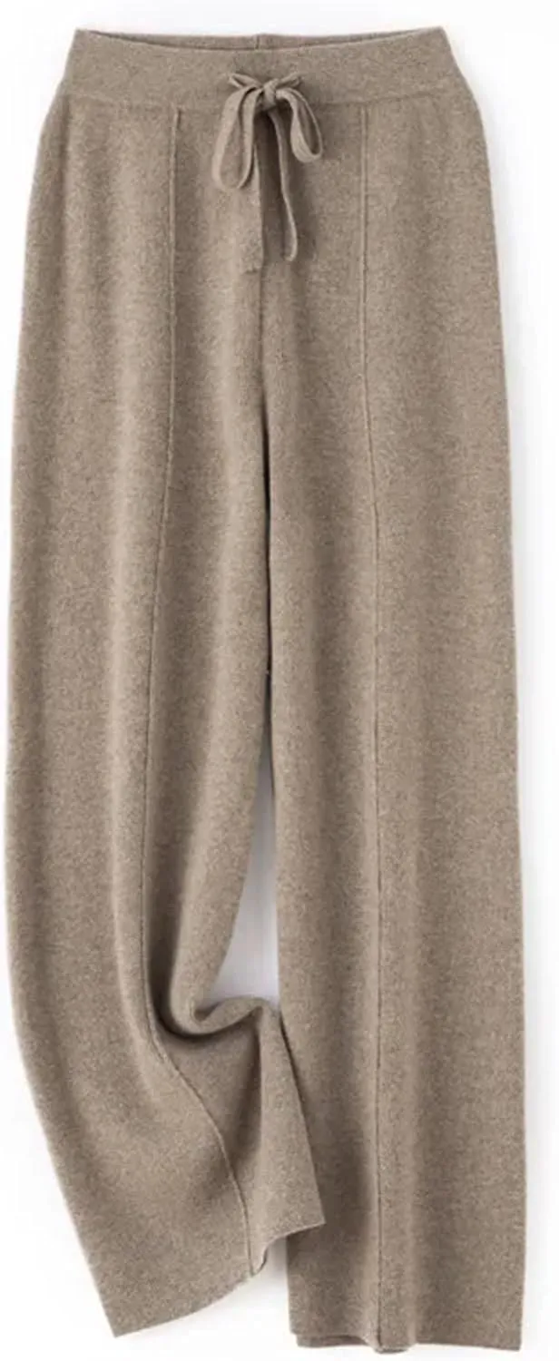 Women Pants Color Wide Leg Pants Merino Wool Knitted Trousers High Waist Lace-up Pants