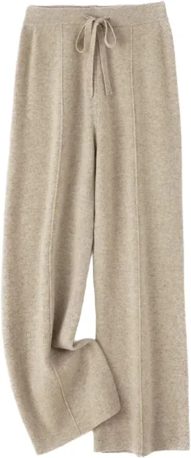 Women Pants Color Wide Leg Pants Merino Wool Knitted Trousers High Waist Lace-up Pants