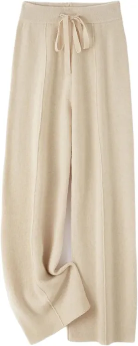 Women Pants Color Wide Leg Pants Merino Wool Knitted Trousers High Waist Lace-up Pants