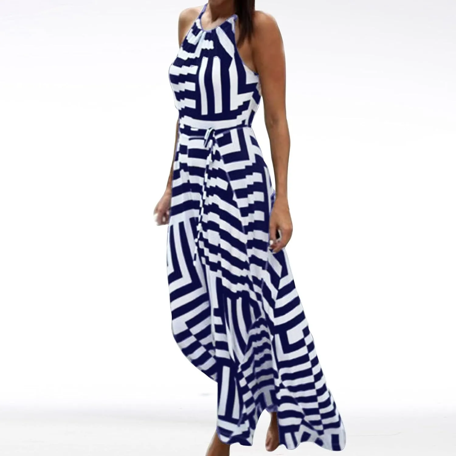 Women Spaghetti Strap Striped Sundress Sleeveless Tie Waist Maxi Dress Summer Smocked Flowy Trendy Boho Dresses 2024