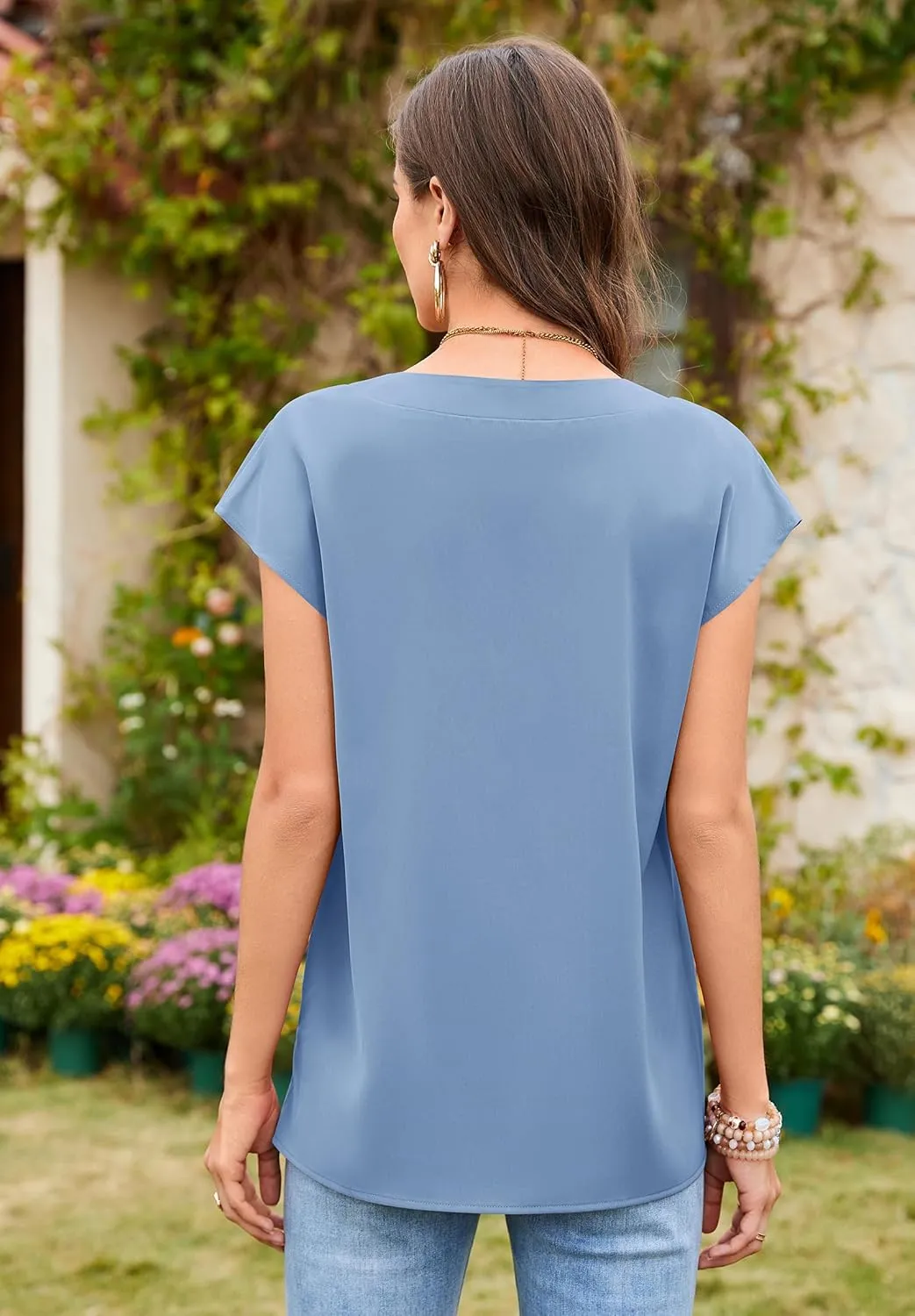 Women V Neck Tops Cap Sleeve Chiffon Blouses Summer Business Work Shirts