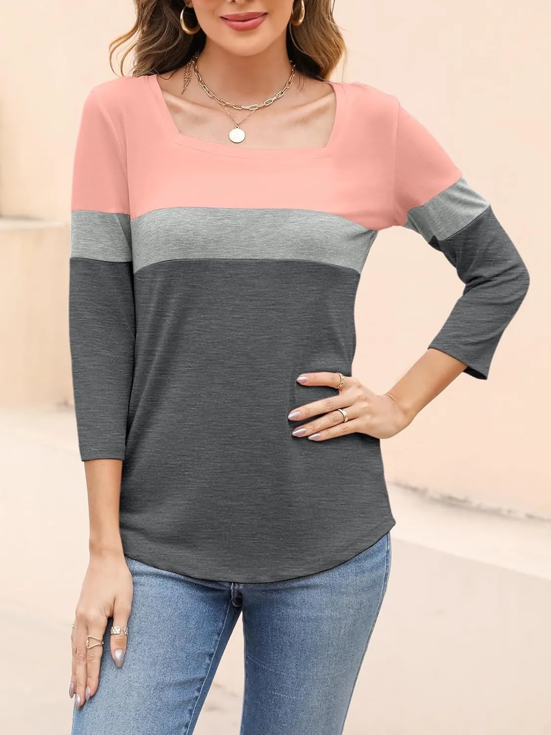 Womens 3/4 Sleeve Square Neck Tops Casual Summer Tops Trendy Womens T Shirts Ladies Tops
