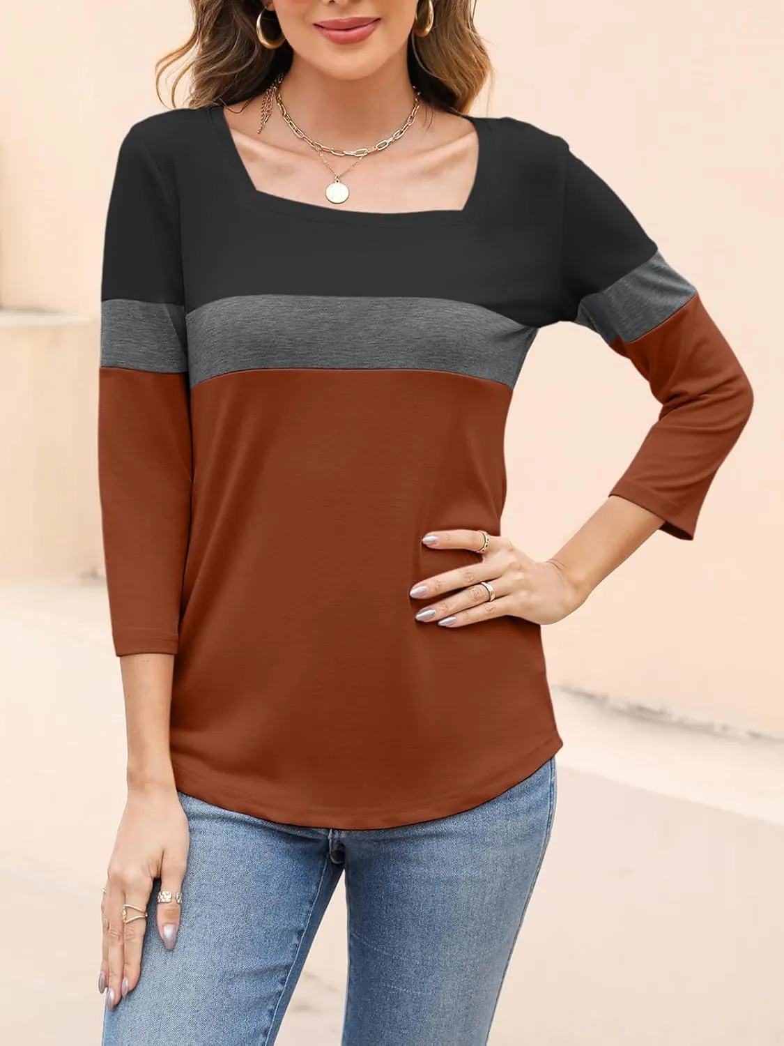 Womens 3/4 Sleeve Square Neck Tops Casual Summer Tops Trendy Womens T Shirts Ladies Tops