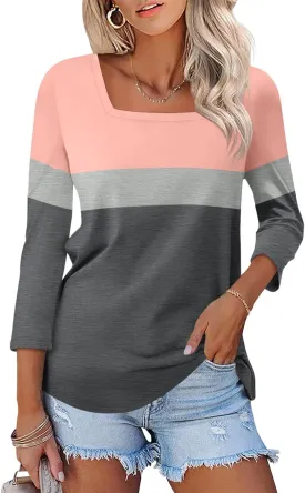 Womens 3/4 Sleeve Square Neck Tops Casual Summer Tops Trendy Womens T Shirts Ladies Tops