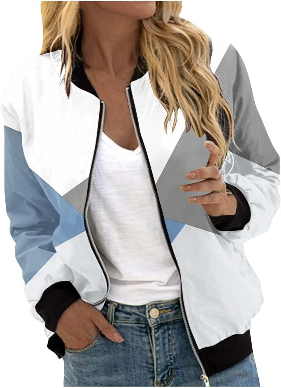 Women's Bomber Jacket Zip Up Long Sleeve Windbreaker Casual Color Block Lightweight Jackets Coats Outwear with Pockets