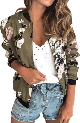 Women's Casual Crop Bomber Jackets Zip Up Long Sleeve Coat Lightweight Windbreaker Fall Baseball Coats Outwear