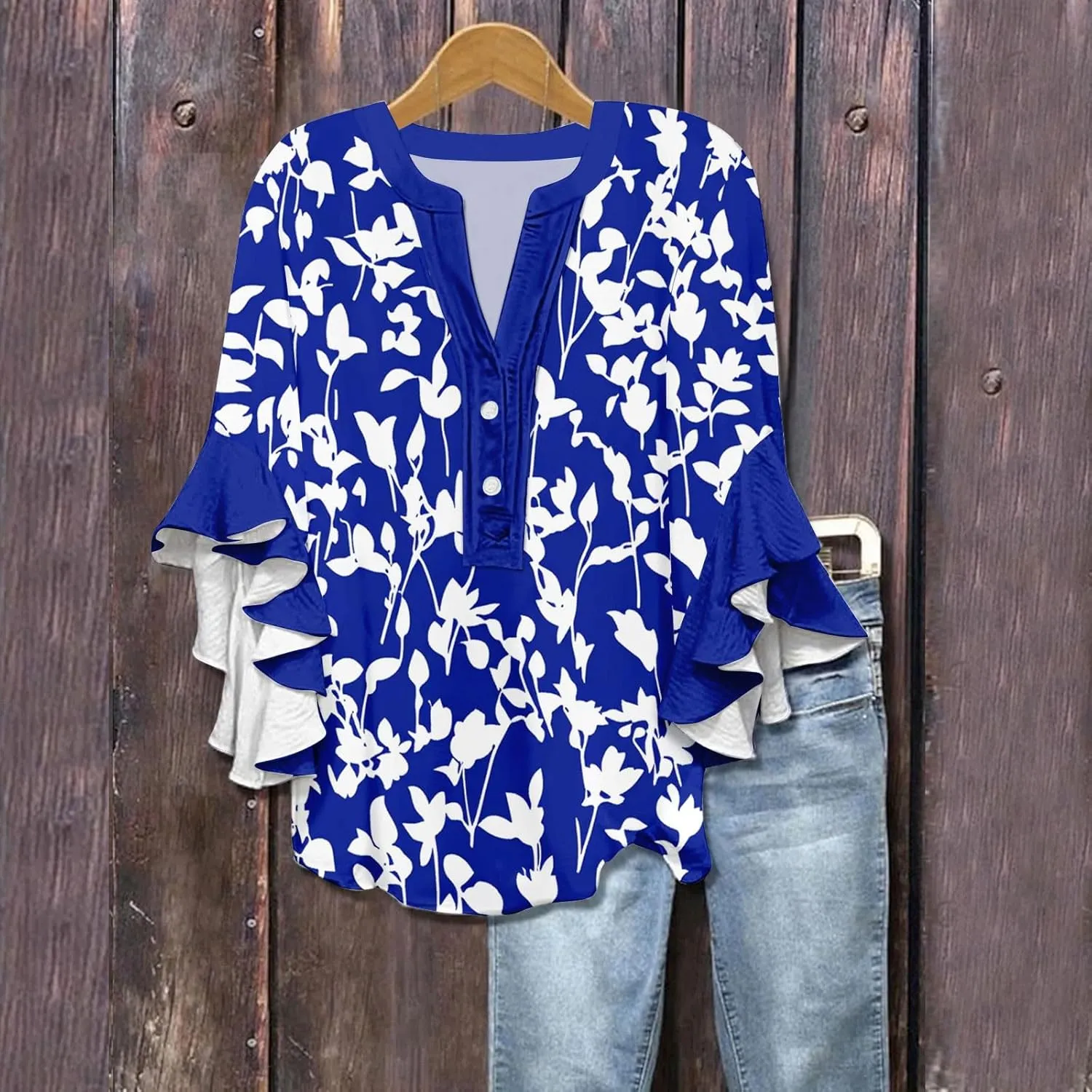 Women's Clothing 3/4 Ruffle Sleeves V Neck Tops Trendy Vintage Floral Boho Blouses Button Tunic Vacation Tee Shirts