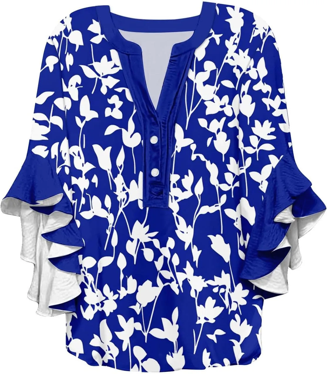 Women's Clothing 3/4 Ruffle Sleeves V Neck Tops Trendy Vintage Floral Boho Blouses Button Tunic Vacation Tee Shirts