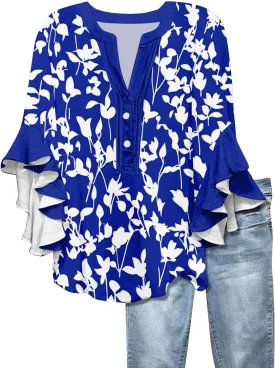 Women's Clothing 3/4 Ruffle Sleeves V Neck Tops Trendy Vintage Floral Boho Blouses Button Tunic Vacation Tee Shirts