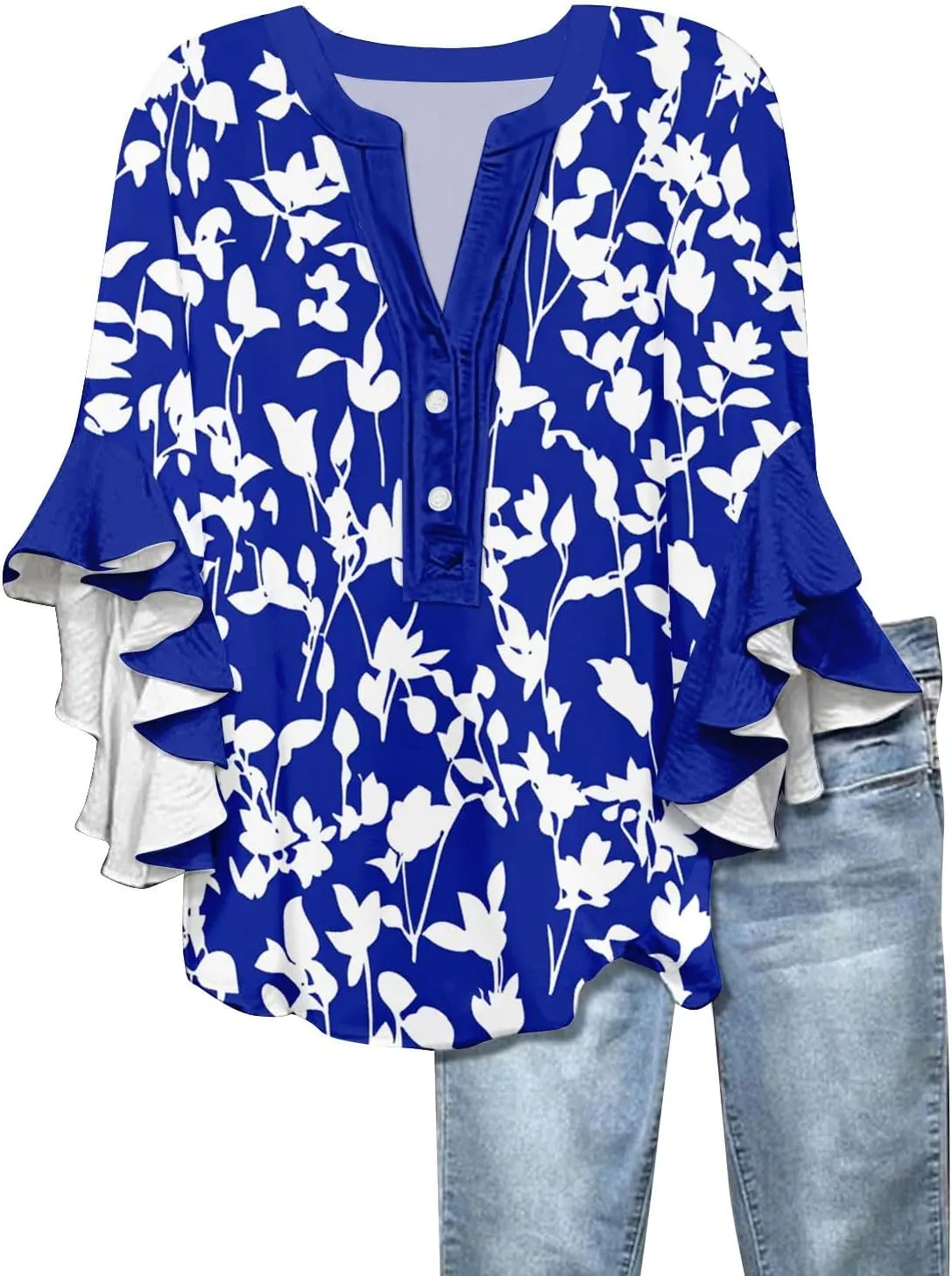 Women's Clothing 3/4 Ruffle Sleeves V Neck Tops Trendy Vintage Floral Boho Blouses Button Tunic Vacation Tee Shirts