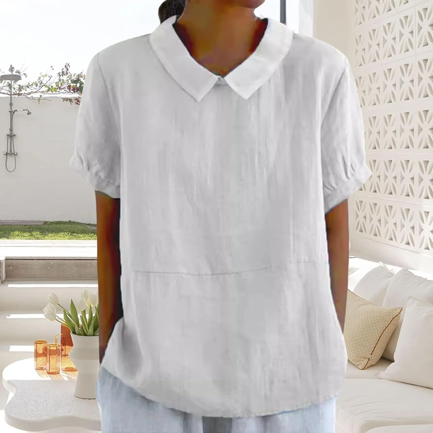 Women's Cotton Shirts Cute Peter Pan Collar Blouse Women Summer Cotton Tops Puff Sleeve Casual Cotton Tunic Tops