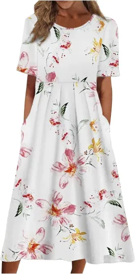 Women's Maxi Dress 2025 Summer Casual Colorful Loose Flowy Boho Crewneck Short Sleeve Dresses Beach Vacation Clothes
