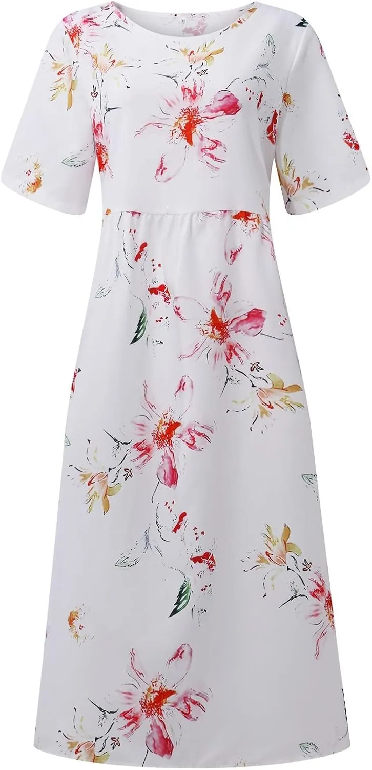 Women's Maxi Dress 2025 Summer Casual Colorful Loose Flowy Boho Crewneck Short Sleeve Dresses Beach Vacation Clothes
