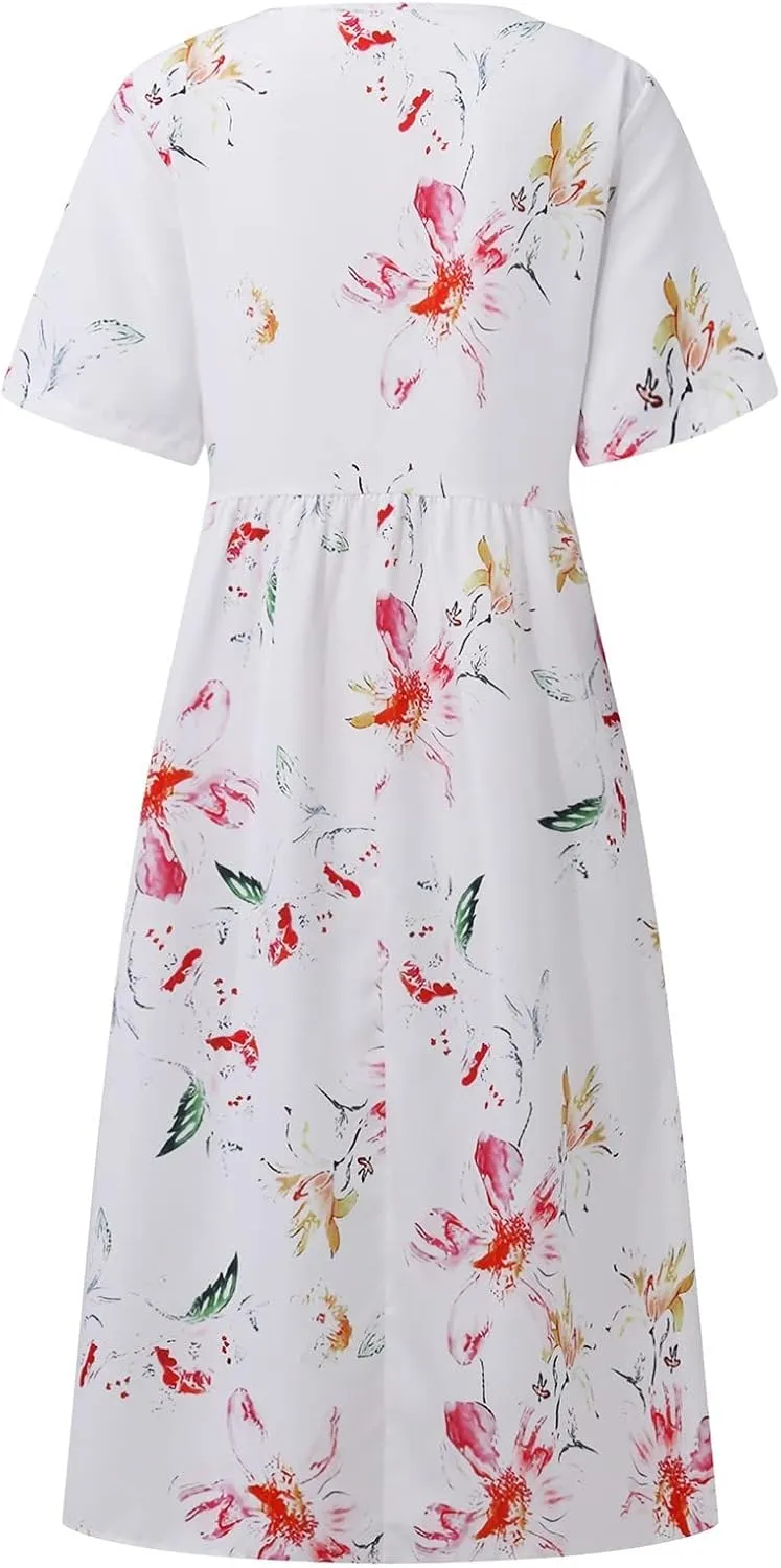 Women's Maxi Dress 2025 Summer Casual Colorful Loose Flowy Boho Crewneck Short Sleeve Dresses Beach Vacation Clothes