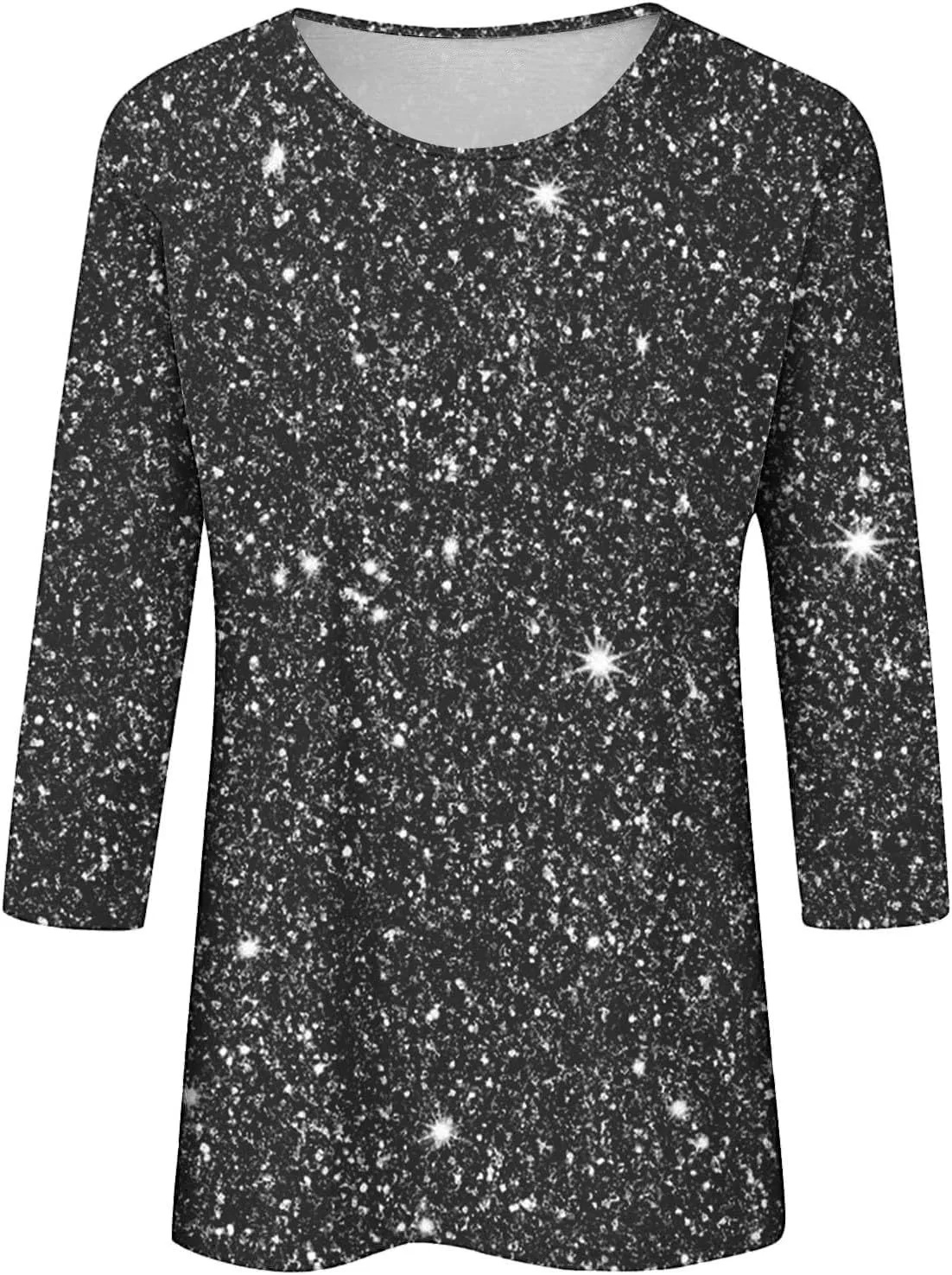 Women's Sequin Tops 3/4 Sleeves Glitter Dressy Blouses Round Neck Sparkly Tops for Party, Evening, Cocktail