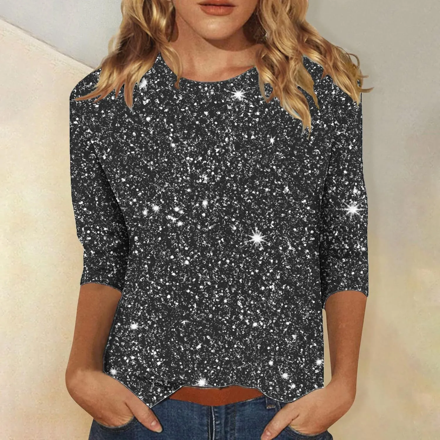 Women's Sequin Tops 3/4 Sleeves Glitter Dressy Blouses Round Neck Sparkly Tops for Party, Evening, Cocktail