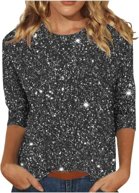 Women's Sequin Tops 3/4 Sleeves Glitter Dressy Blouses Round Neck Sparkly Tops for Party, Evening, Cocktail
