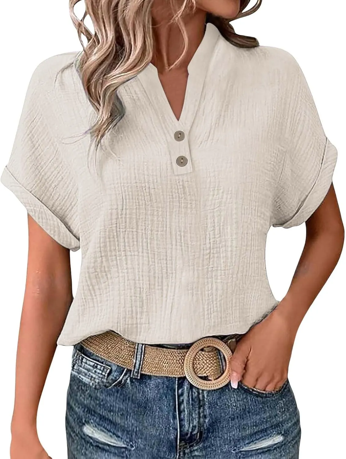 Women's Short Sleeve Cotton Linen Shirts Henley Dressy Casual Summer Tops 2025 Trendy Blouses Beach Vacation Clothes
