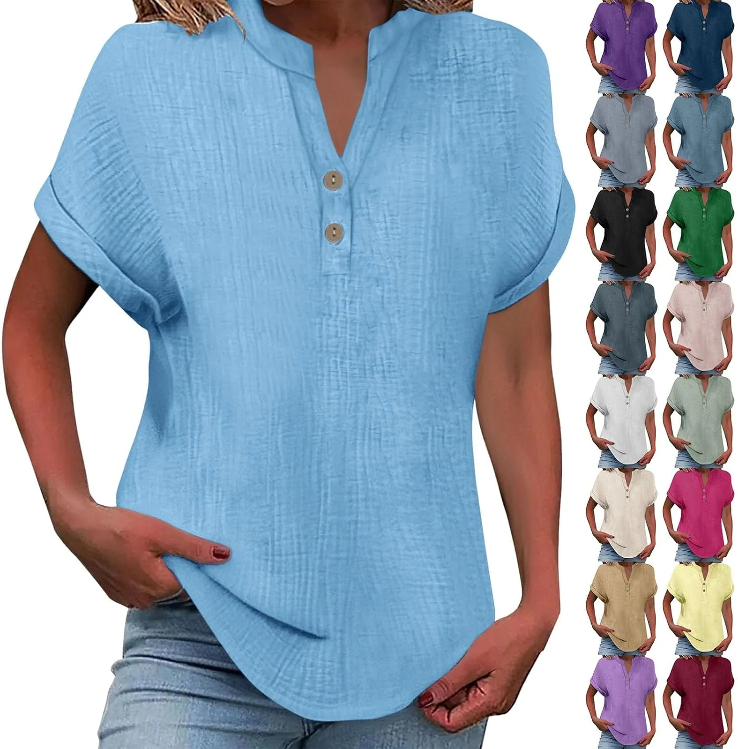Women's Short Sleeve Cotton Linen Shirts Henley Dressy Casual Summer Tops 2025 Trendy Blouses Beach Vacation Clothes