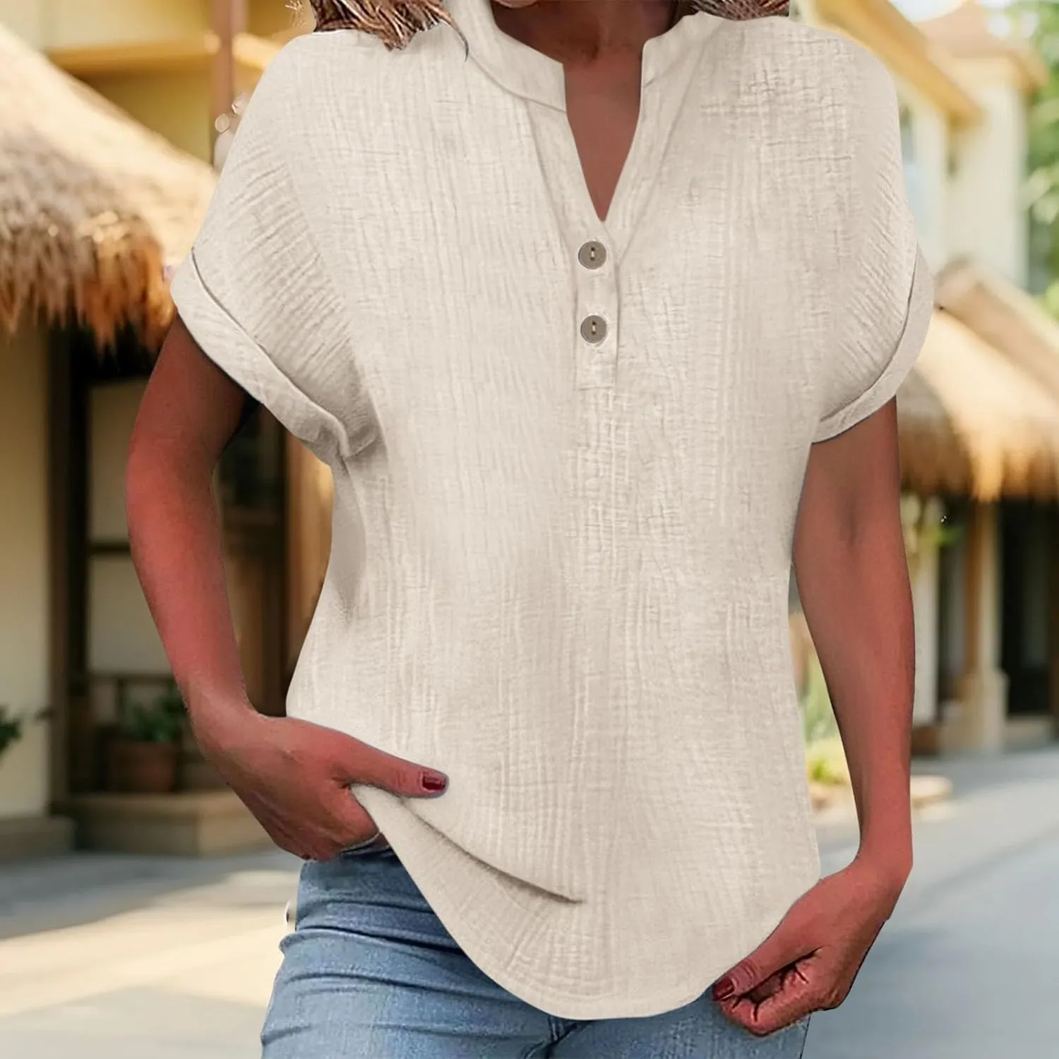 Women's Short Sleeve Cotton Linen Shirts Henley Dressy Casual Summer Tops 2025 Trendy Blouses Beach Vacation Clothes