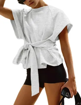 Zhiyouni Women's Summer Short Sleeves Tee T Shirt Crewneck Tie Knot Tops Sweatshirt
